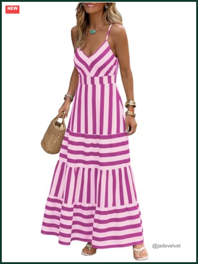 Smocked Gingham Striped Maxi Dress With Pockets Spaghetti Strap V-Neck A-Line